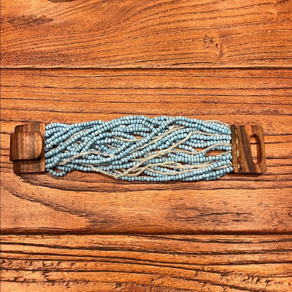 Bali Blue Beaded Bracelet w/ Wooden Clasp